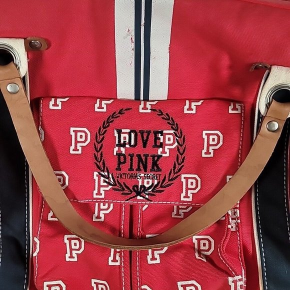 Vintage Y2K Victoria's Secret Large Red Duffel Bag Canvas Leather Handle Love - Picture 2 of 14